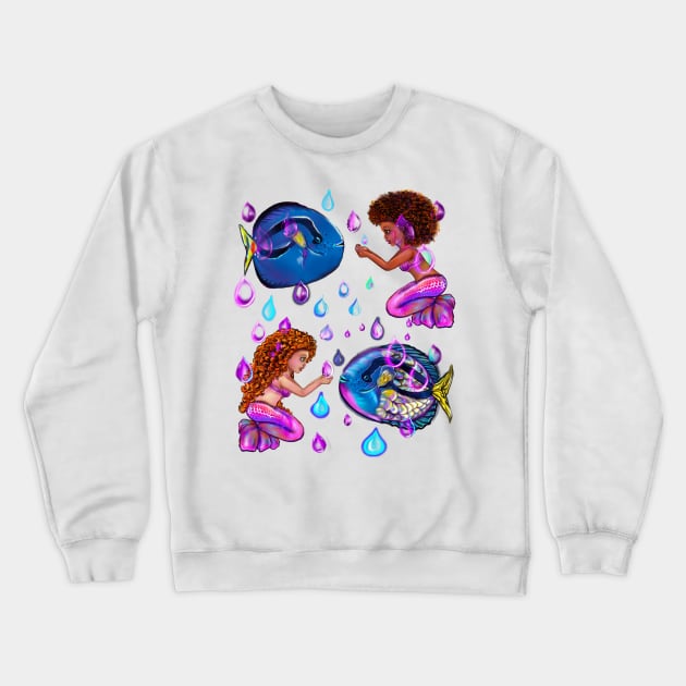 Best fishing gifts for fish lovers 2022. anime mermaid with blue tang fish and rain drops. Cute black  and white girls with Afro hair, green eyes, Cherry pink lips and dark brown skin. Hair love ! Crewneck Sweatshirt by Artonmytee